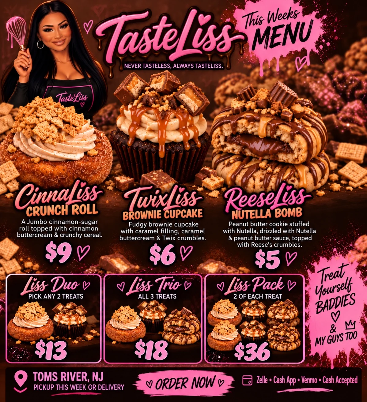 TasteLiss weekly menu flyer with the approved illustrated character, desserts, descriptions, prices and bundles